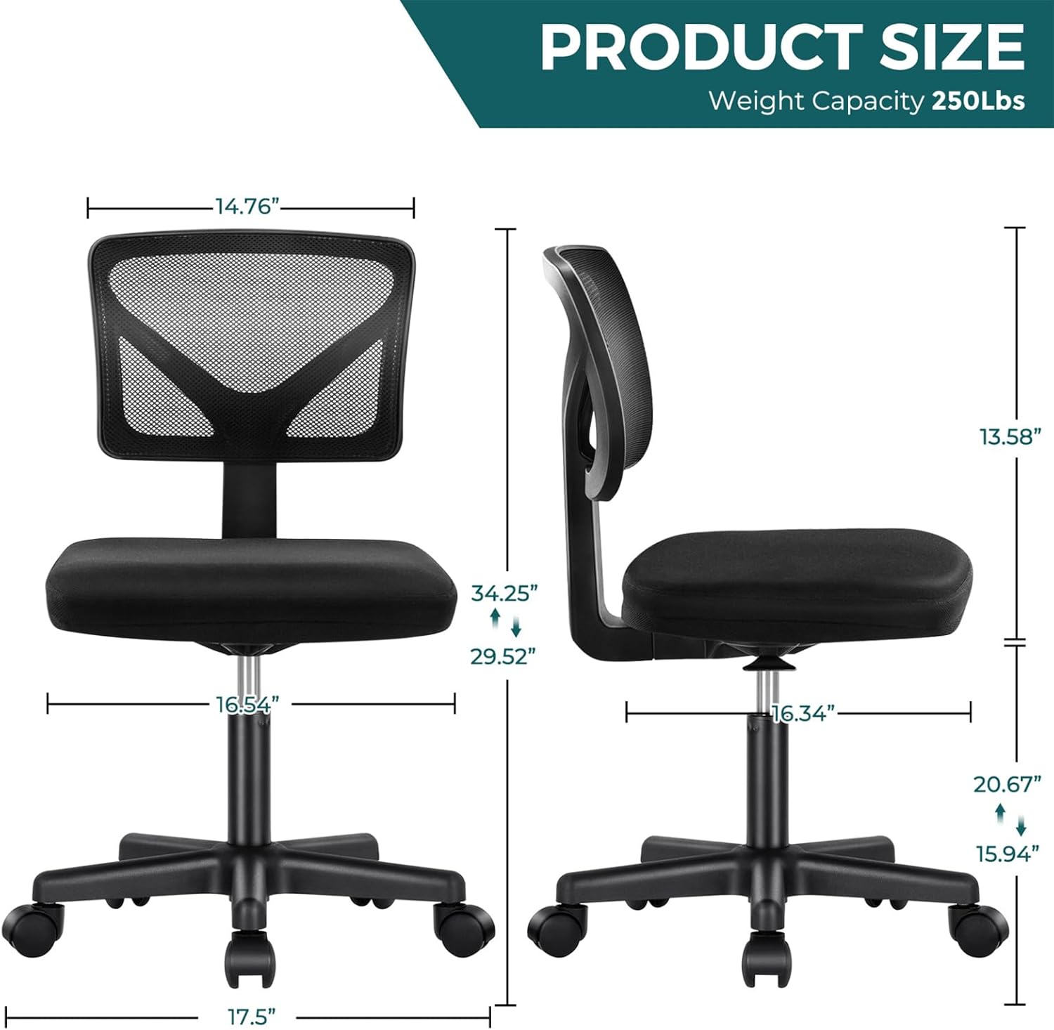 Armless Ergonomic Adjustable Rolling Chair