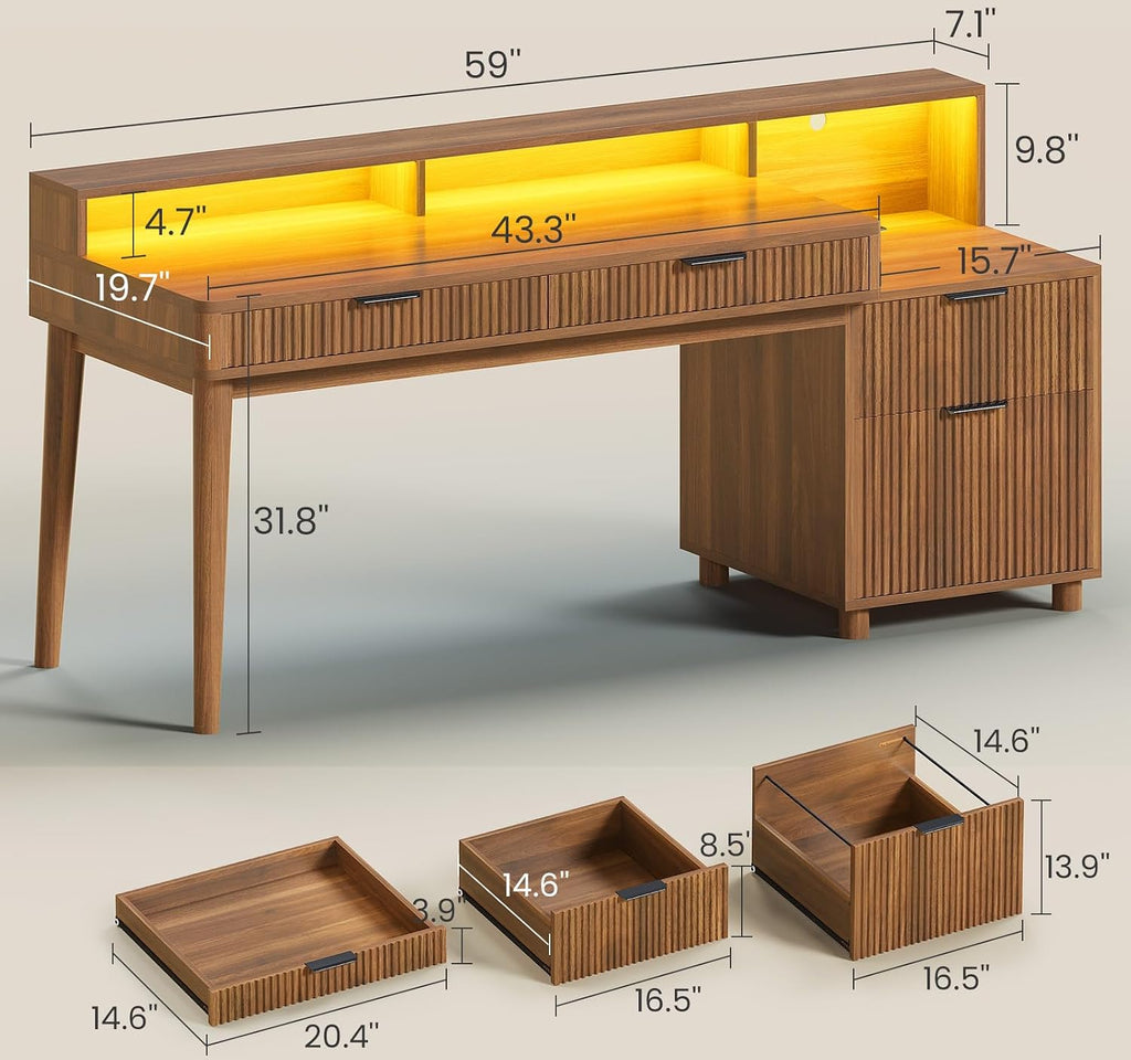 Fluted Wood Desk W/ LED and Charging Station