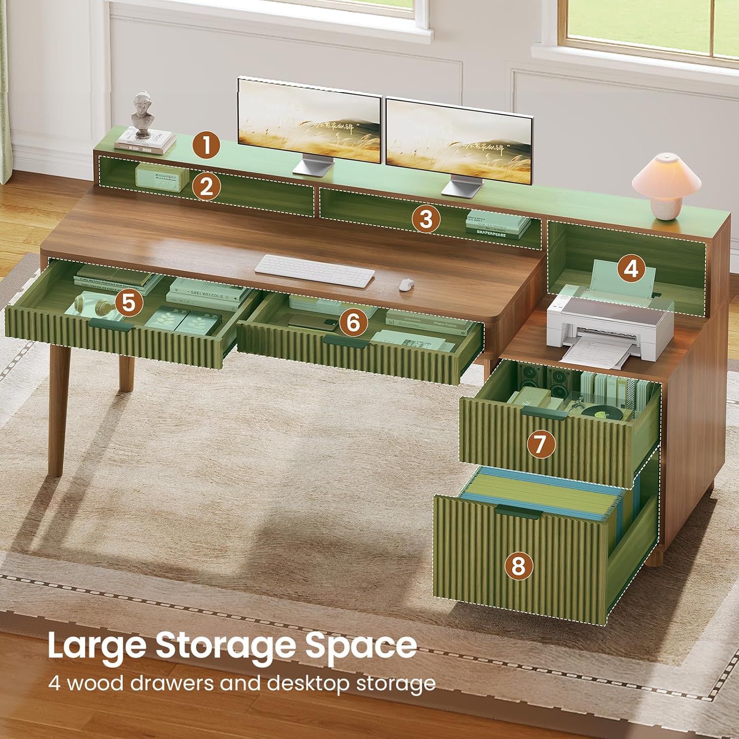 Fluted Wood Desk W/ LED and Charging Station