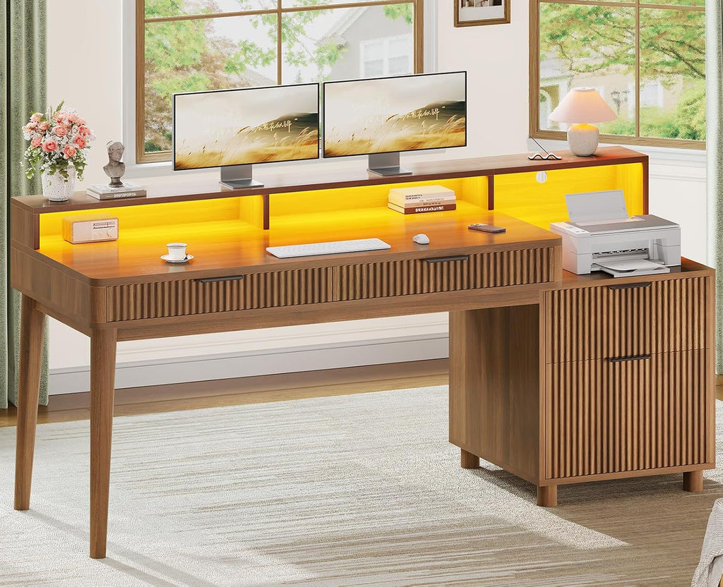 Fluted Wood Desk W/ LED and Charging Station