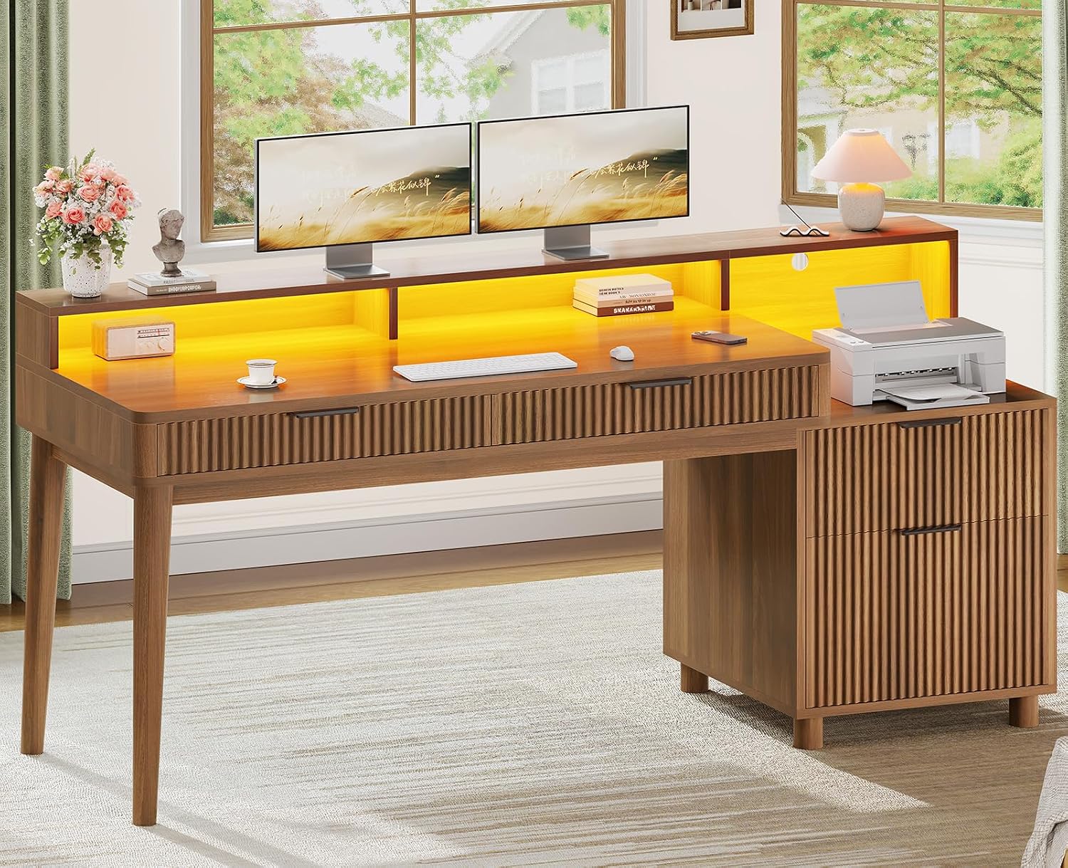 Fluted Wood Desk W/ LED and Charging Station