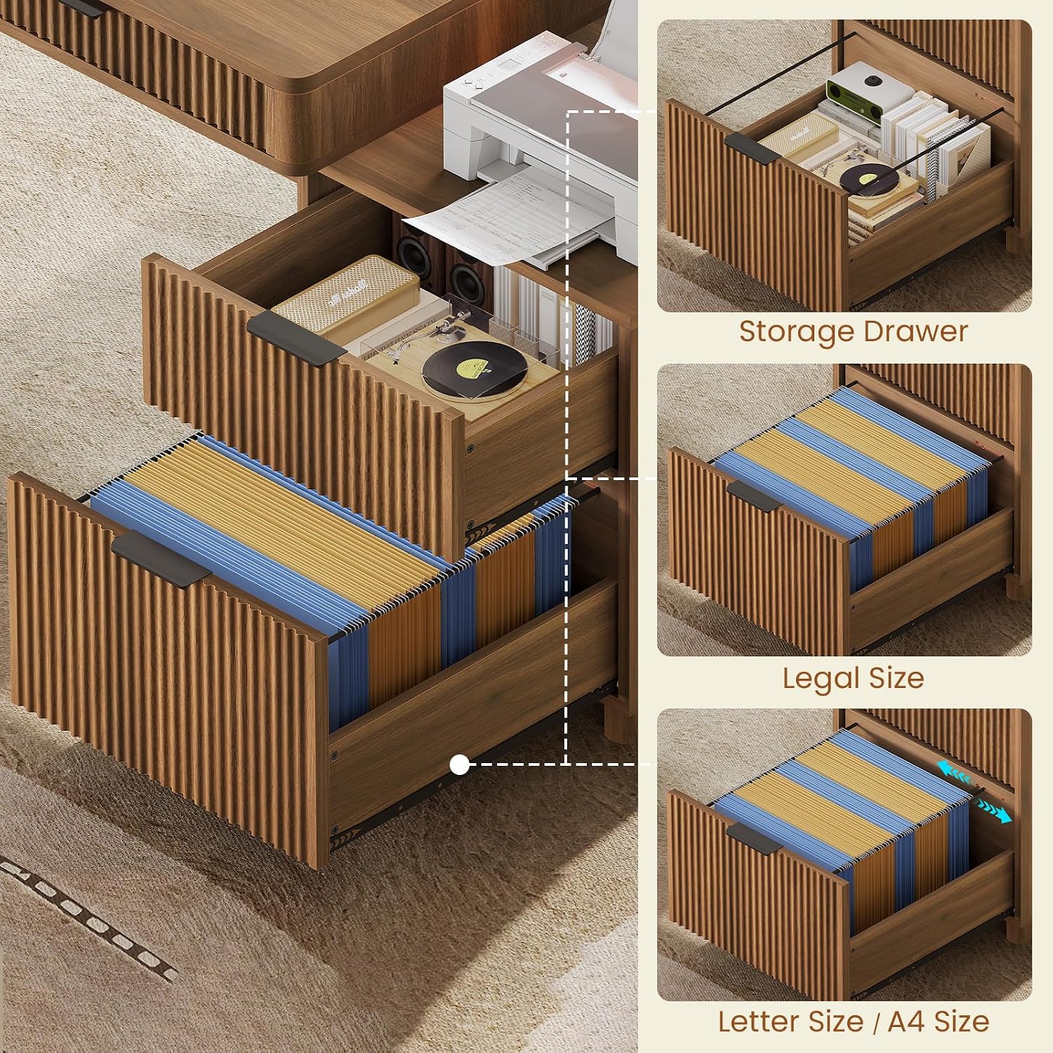 Fluted Wood Desk W/ LED and Charging Station