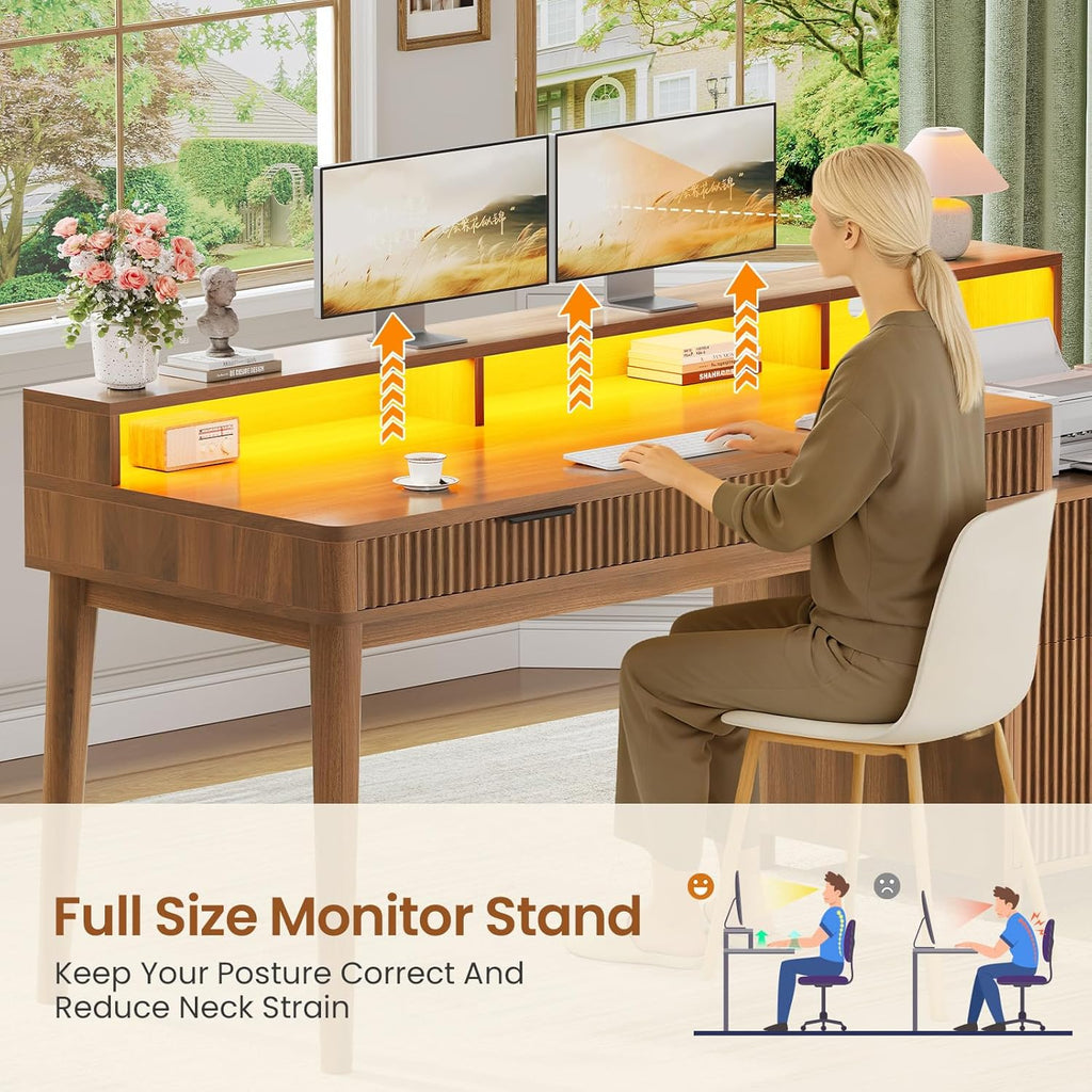 Fluted Wood Desk W/ LED and Charging Station