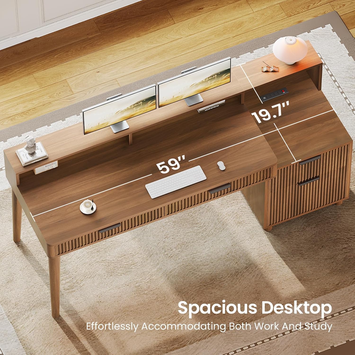 Fluted Wood Desk W/ LED and Charging Station