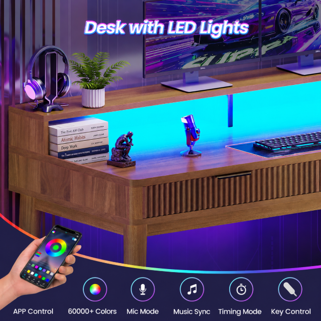 Fluted Wood Desk W/ LED and Charging Station